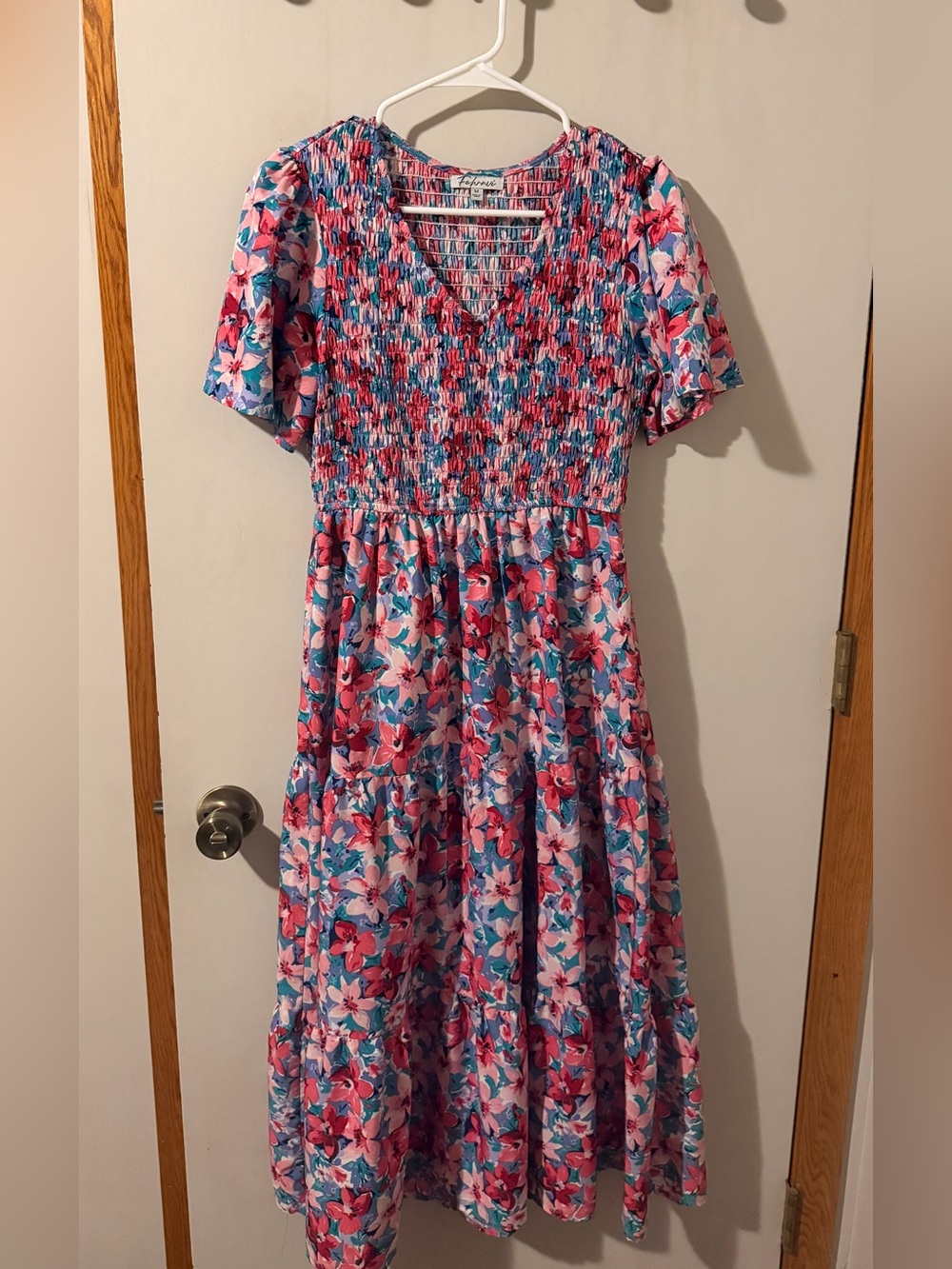 Smocked V-Neck Midi Dress in Pink Floral